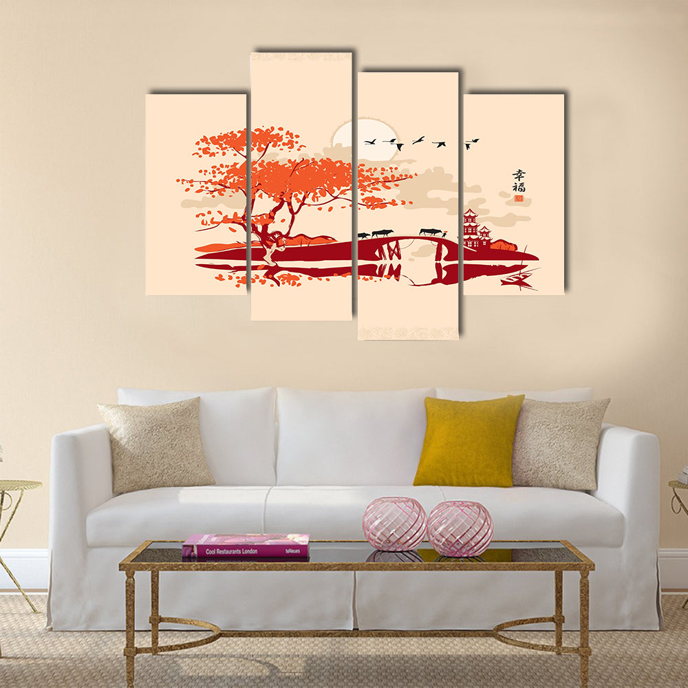 Chinese landscape with pagoda bridge and the frame of birds Multi Panel Canvas Wall Art