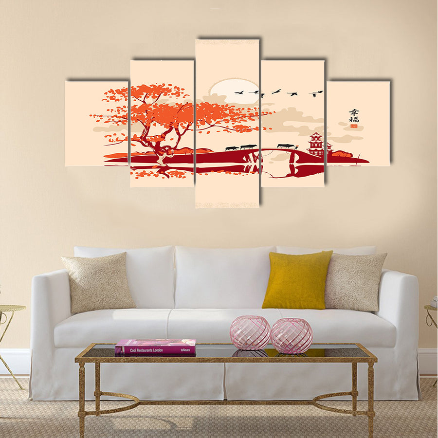 Chinese landscape with pagoda bridge and the frame of birds Multi Panel Canvas Wall Art