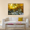 Autumn creek woods with yellow trees foliage and rocks in forest mountain Multi Panel Canvas Wall Art