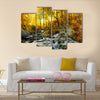 Autumn creek woods with yellow trees foliage and rocks in forest mountain Multi Panel Canvas Wall Art