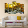 Autumn creek woods with yellow trees foliage and rocks in forest mountain Multi Panel Canvas Wall Art