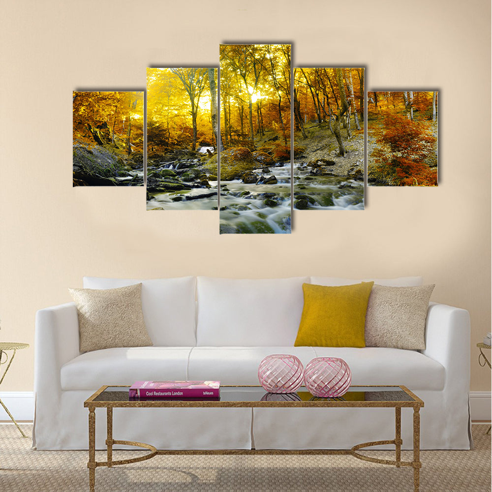 Autumn creek woods with yellow trees foliage and rocks in forest mountain Multi Panel Canvas Wall Art