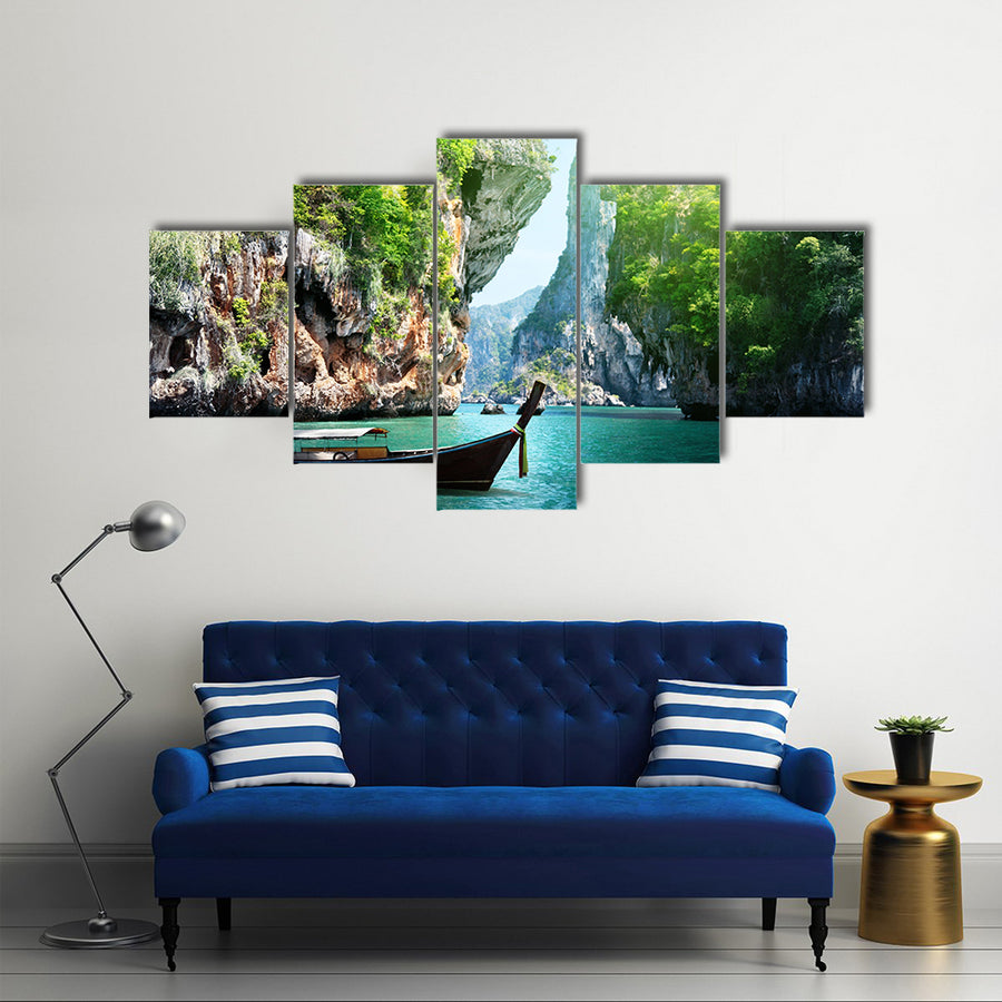 Long Boats Are Flowing In Between The Rocks On The Railay Beach In Krabi, Thailand, Multi Panel Canvas Wall Art