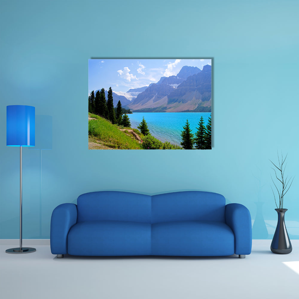 Mountain View and clear blue waters of Bow Lake, Banff National Park, Canada multi panel canvas wall art