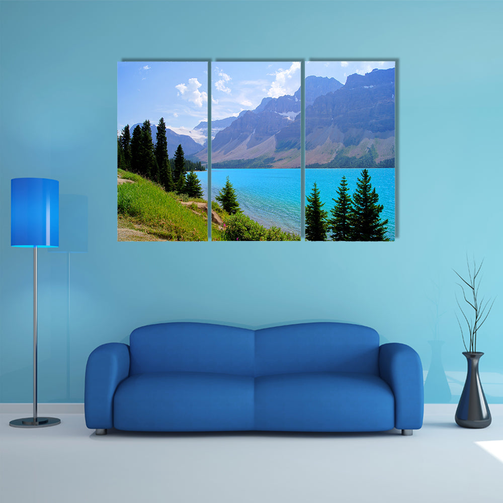 Mountain View and clear blue waters of Bow Lake, Banff National Park, Canada multi panel canvas wall art
