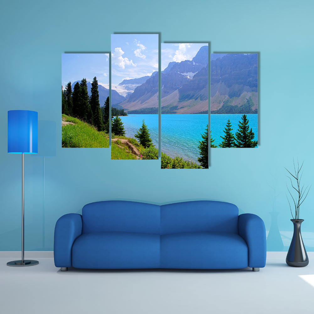 Mountain View and clear blue waters of Bow Lake, Banff National Park, Canada multi panel canvas wall art