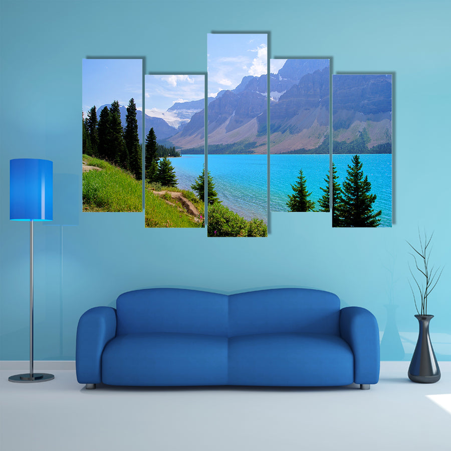 Mountain View and clear blue waters of Bow Lake, Banff National Park, Canada multi panel canvas wall art