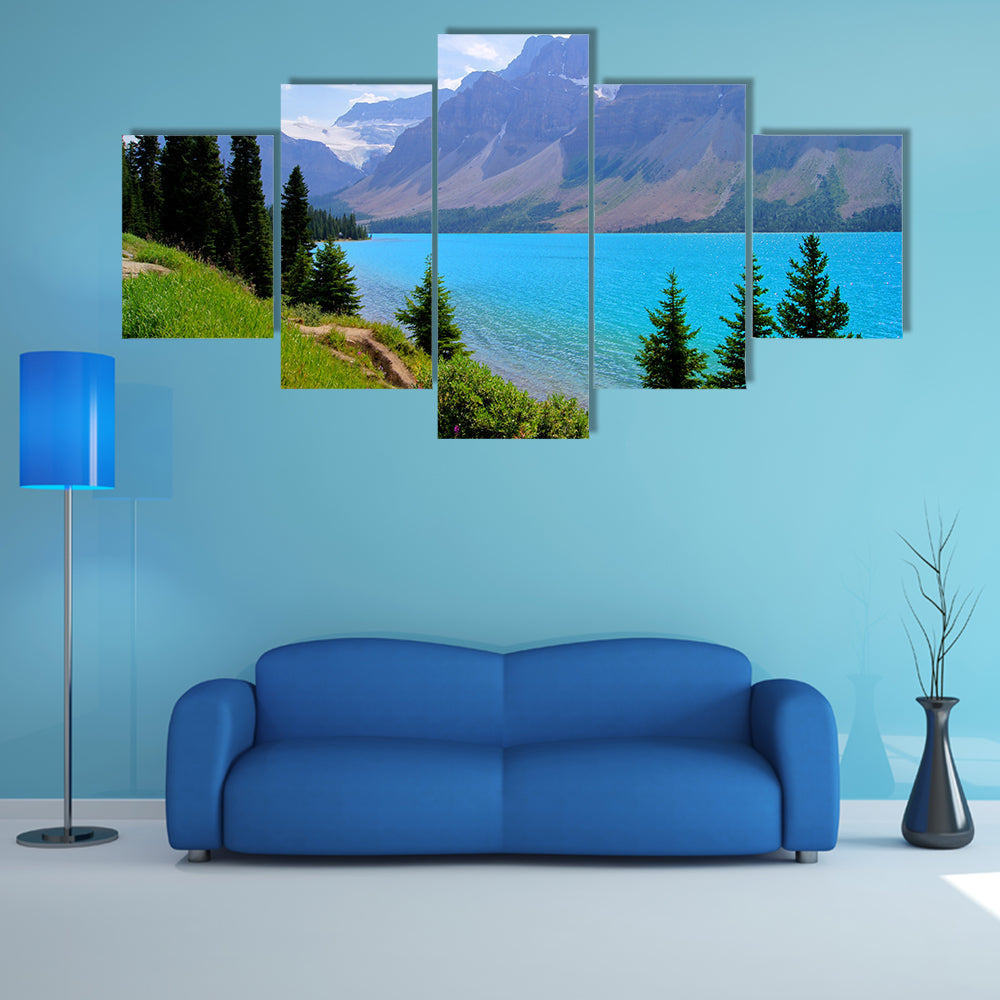 Mountain View and clear blue waters of Bow Lake, Banff National Park, Canada multi panel canvas wall art