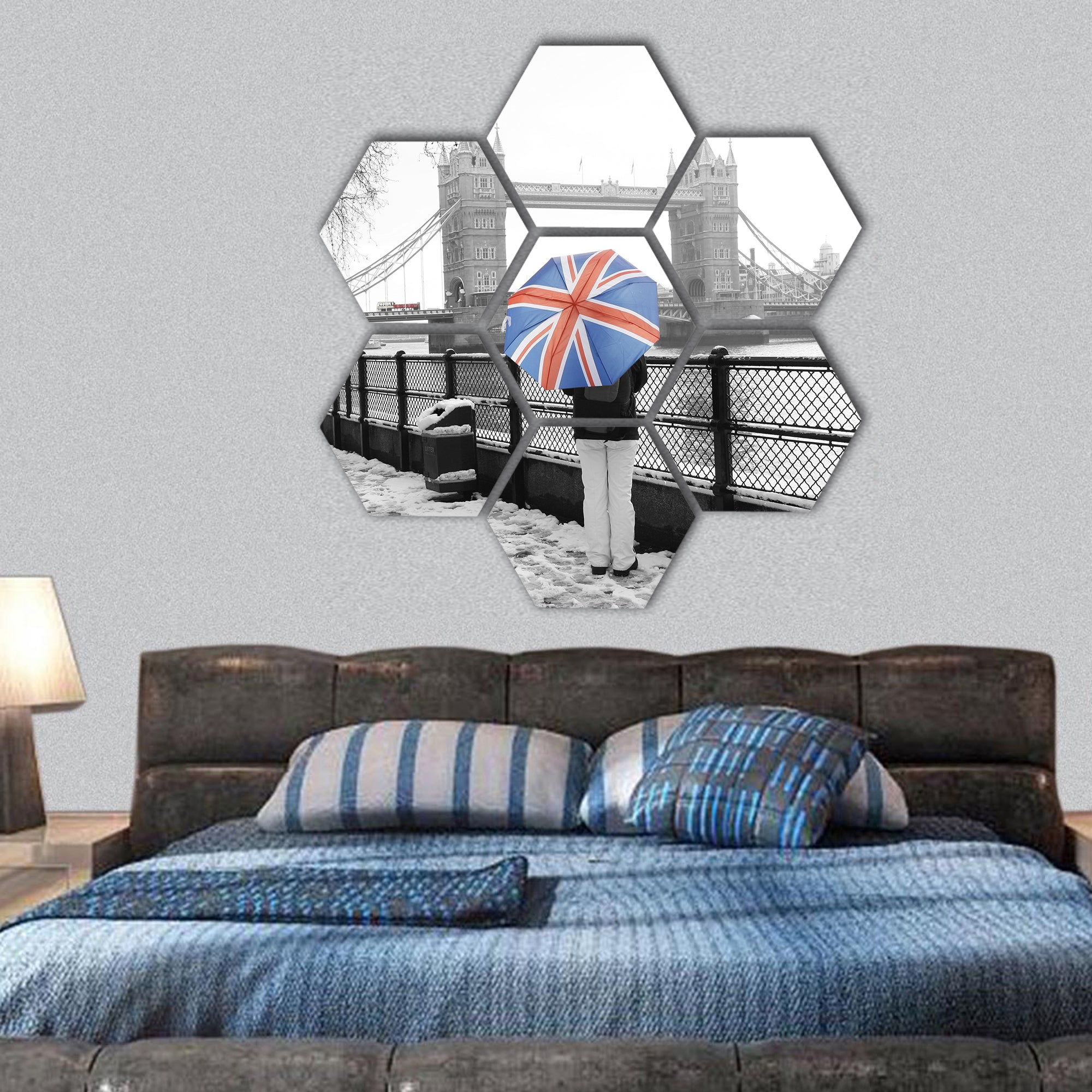 London cityscape, tower bridge, on a snowy day hexagonal canvas wall art