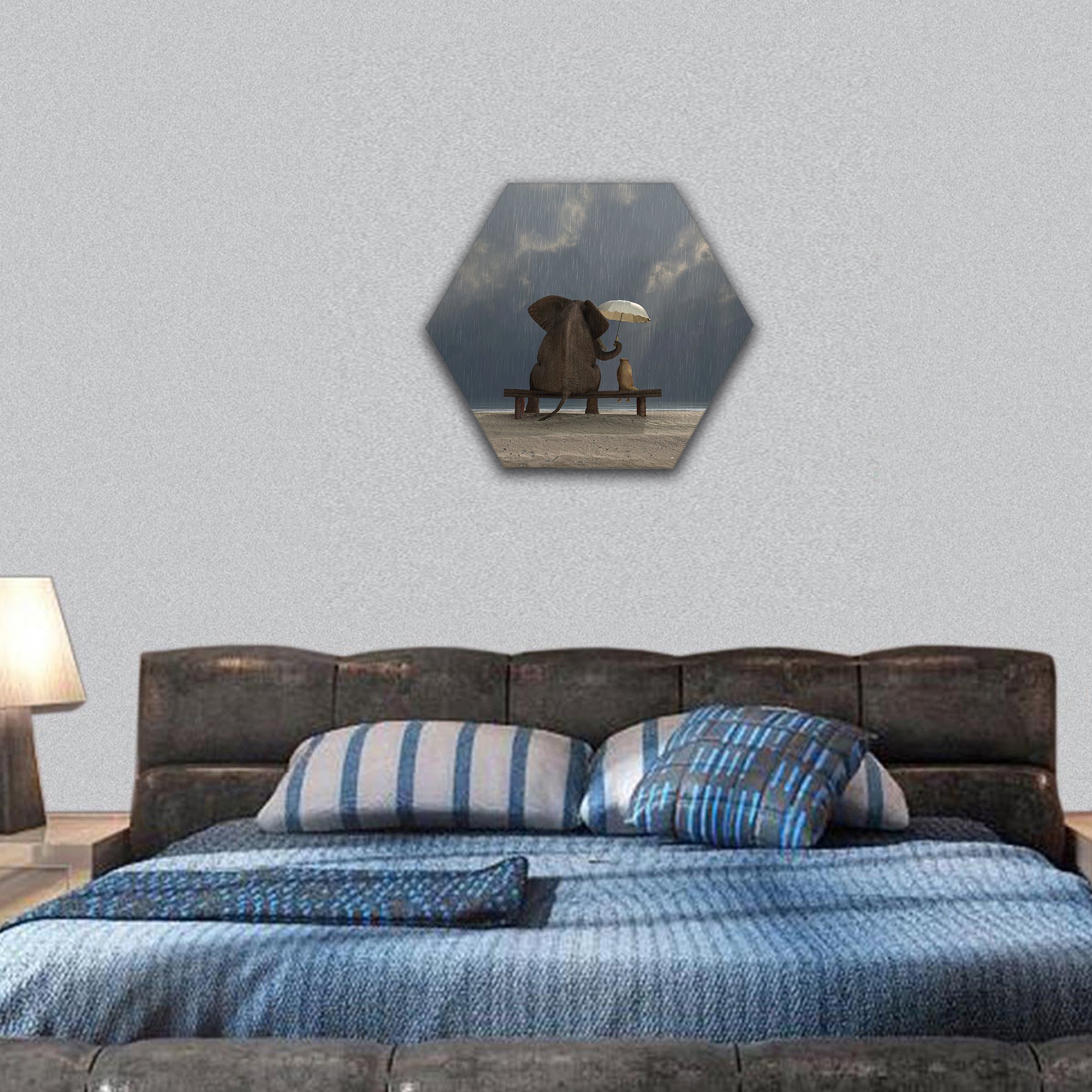 Elephant and dog sit under the rain hexagonal canvas wall art