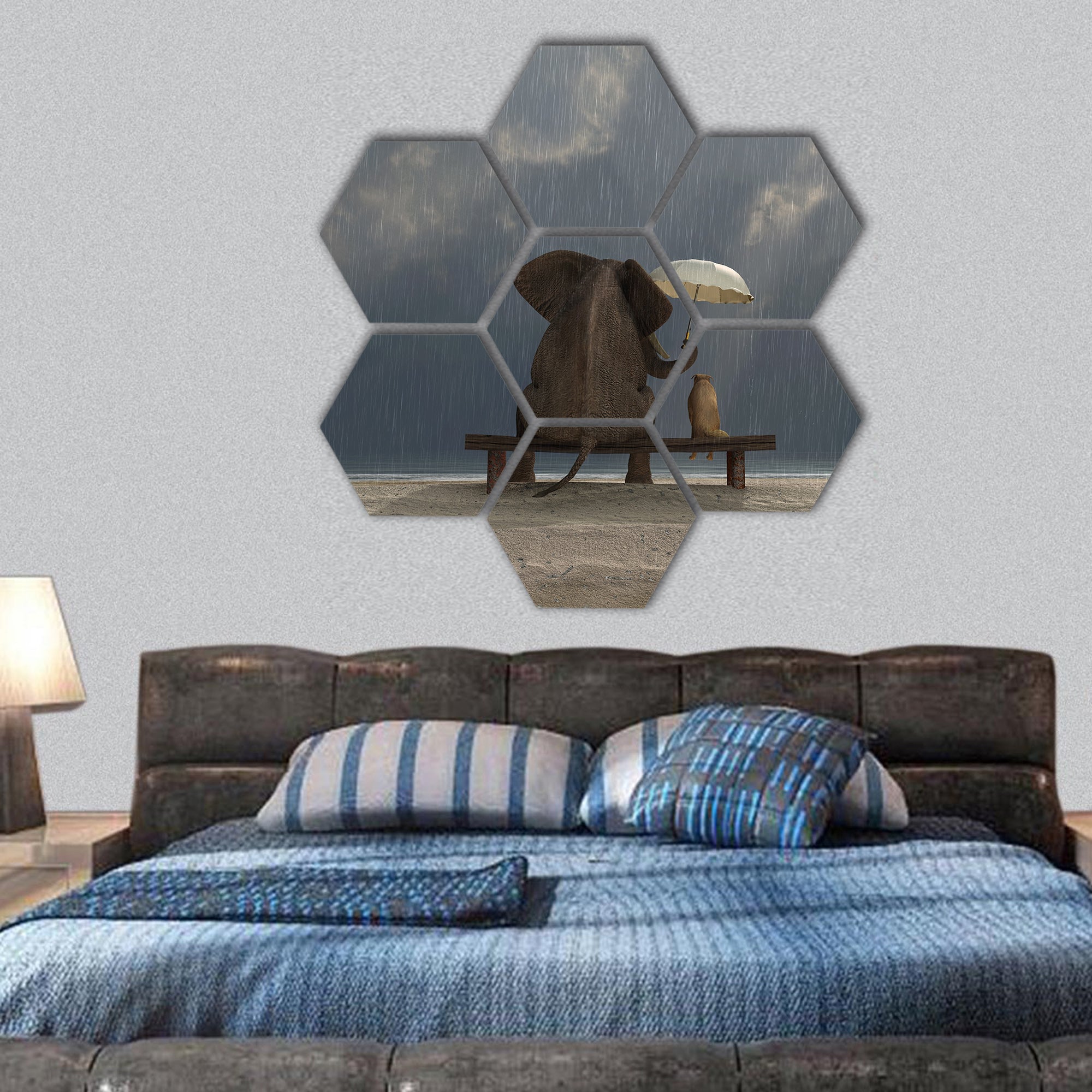 Elephant and dog sit under the rain hexagonal canvas wall art