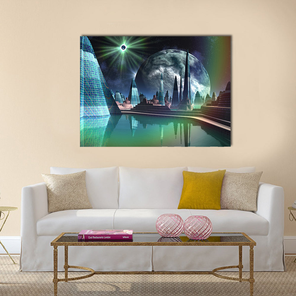 Futuristic Alien City with Quasar Star Multi Panel Canvas Wall Art