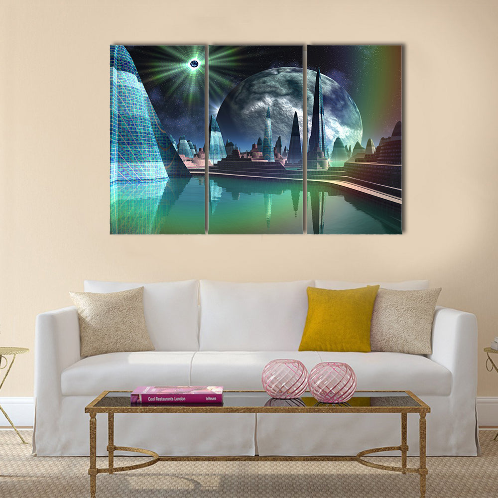 Futuristic Alien City with Quasar Star Multi Panel Canvas Wall Art