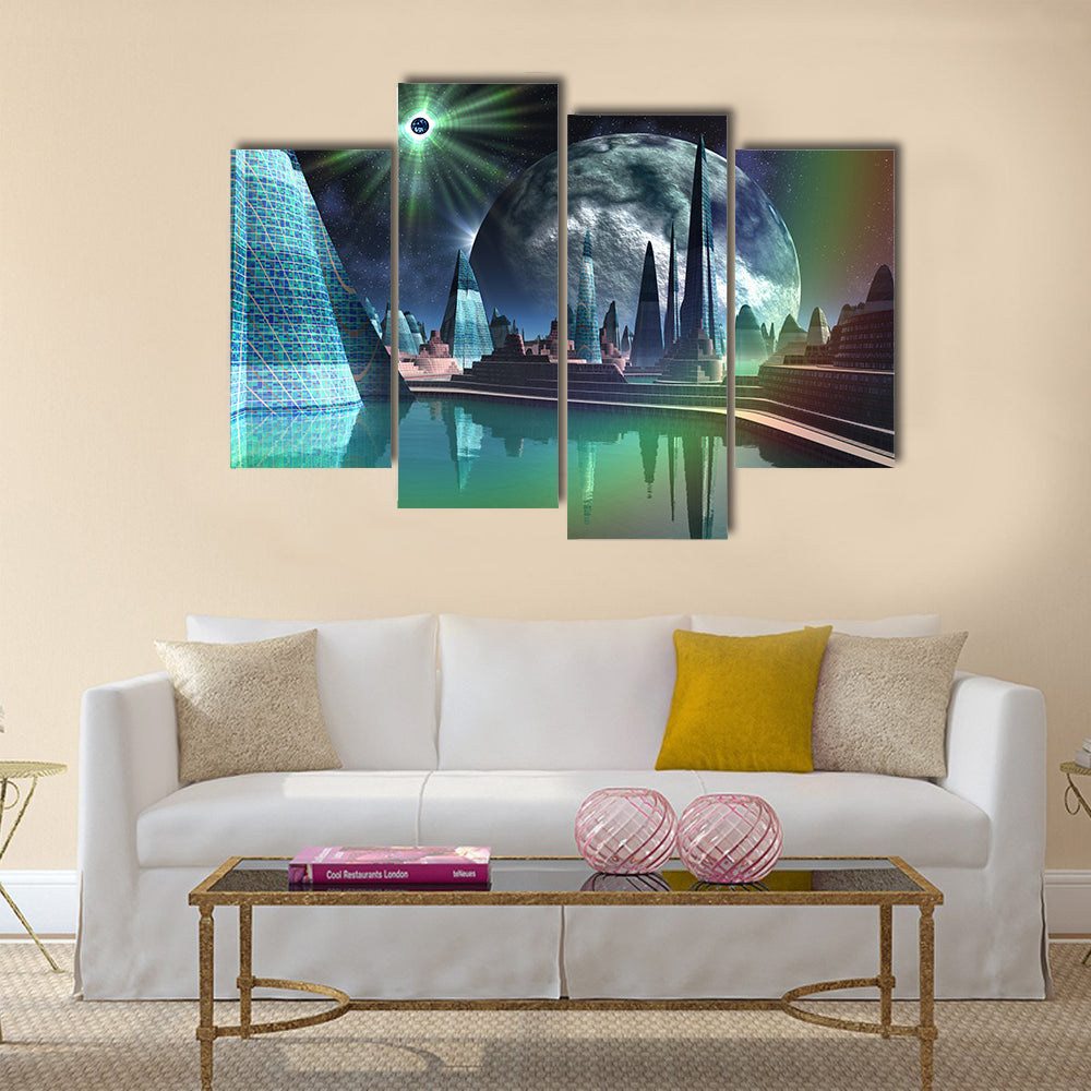 Futuristic Alien City with Quasar Star Multi Panel Canvas Wall Art
