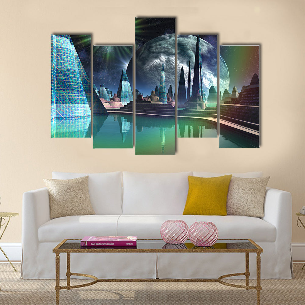 Futuristic Alien City with Quasar Star Multi Panel Canvas Wall Art