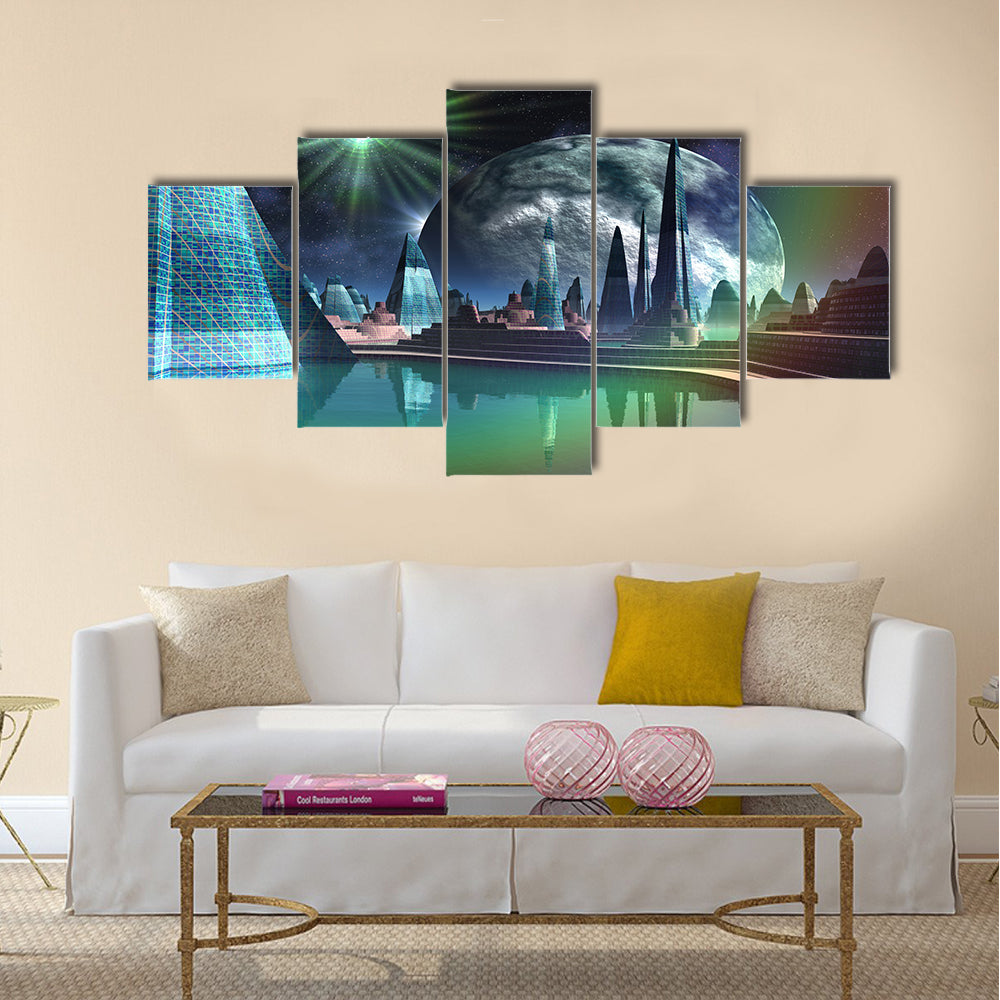 Futuristic Alien City with Quasar Star Multi Panel Canvas Wall Art