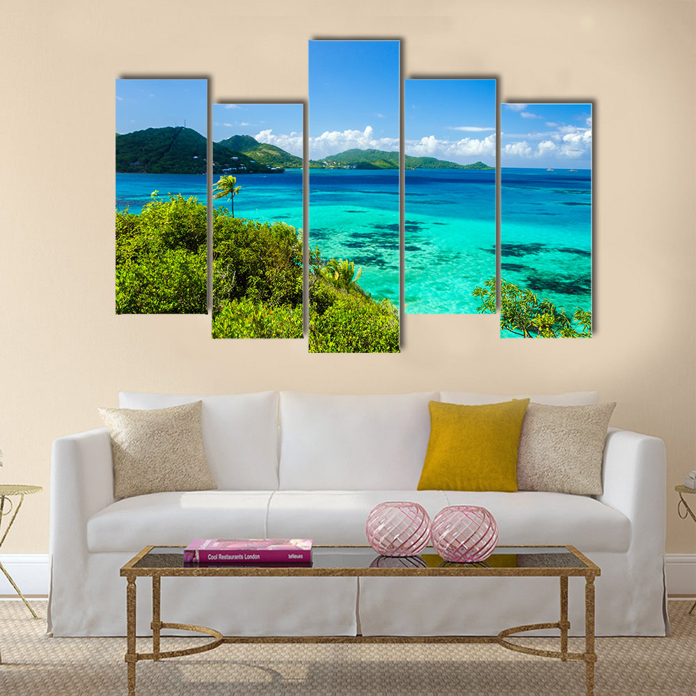 Scene Of A Tropical Island At Carribean Water And Lush Green In Columbia, Multi Panel Canvas Wall Art