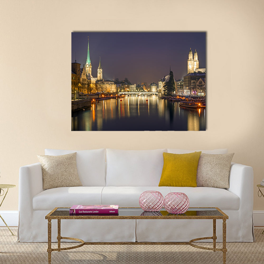 Panorama of Zurich at night multi panel canvas wall art