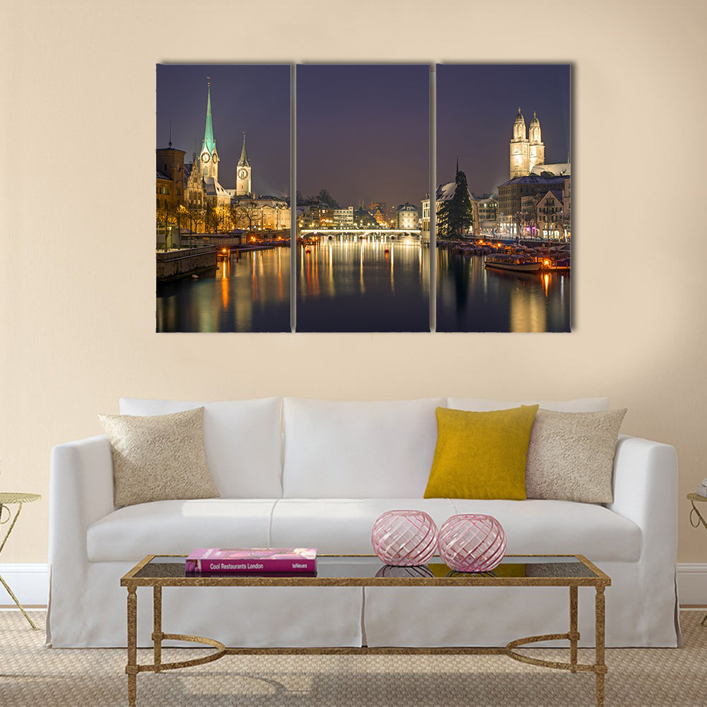 Panorama of Zurich at night multi panel canvas wall art
