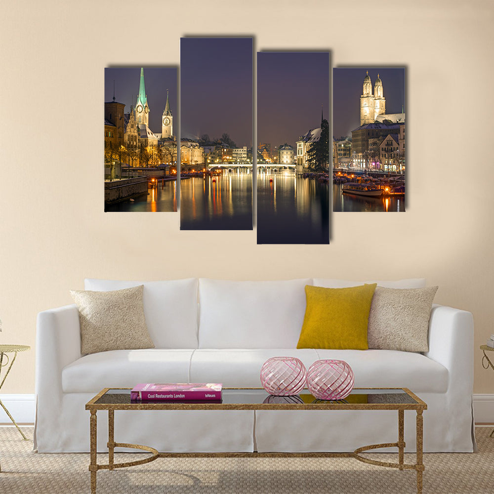 Panorama of Zurich at night multi panel canvas wall art