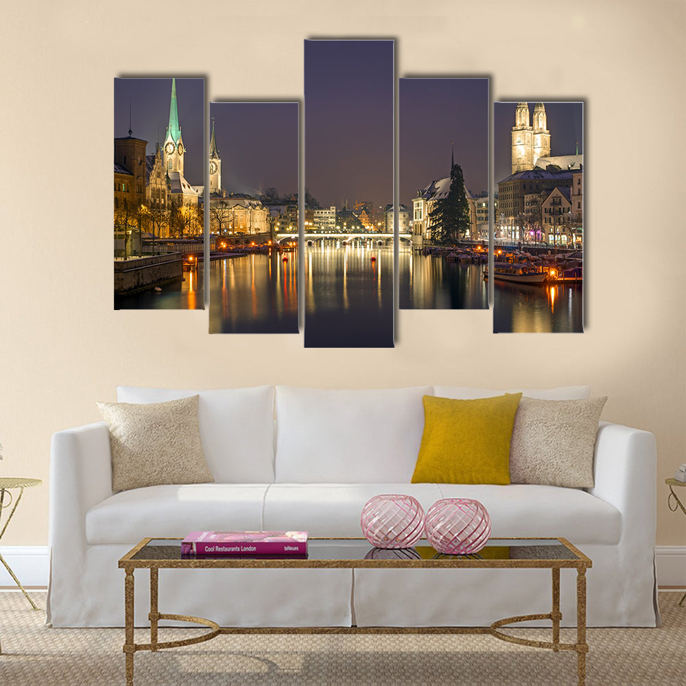 Panorama of Zurich at night multi panel canvas wall art