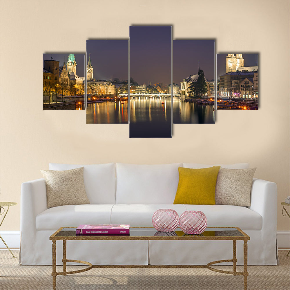 Panorama of Zurich at night multi panel canvas wall art
