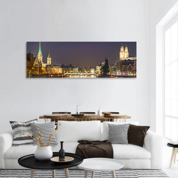 Panorama of Zurich at night panoramic canvas wall art