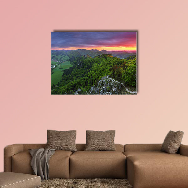 Green forest mountain at sunset with sun Multi panel canvas wall art