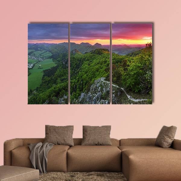 Green forest mountain at sunset with sun Multi panel canvas wall art