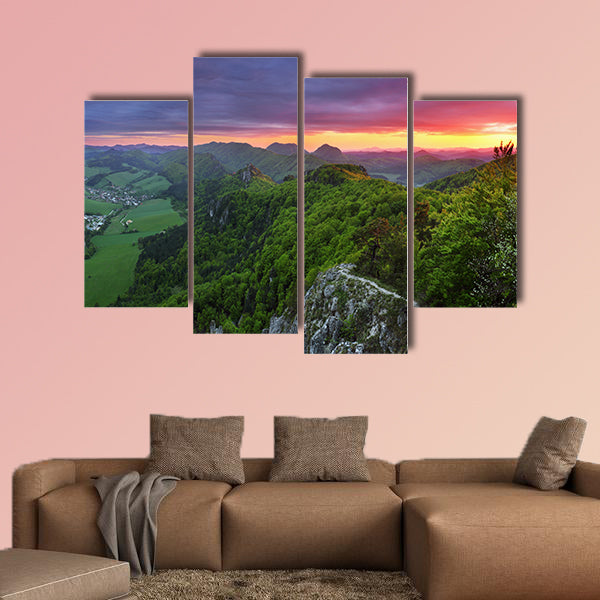 Green forest mountain at sunset with sun Multi panel canvas wall art