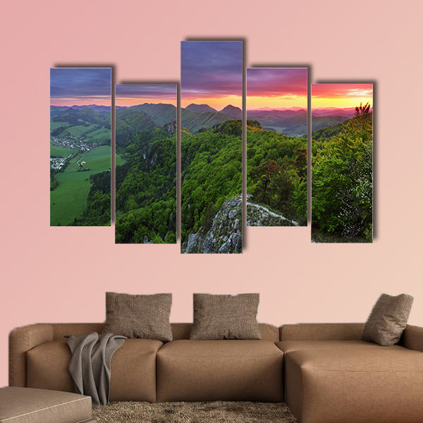 Green forest mountain at sunset with sun Multi panel canvas wall art