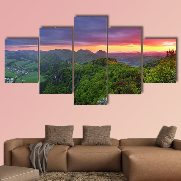 Green forest mountain at sunset with sun Multi panel canvas wall art