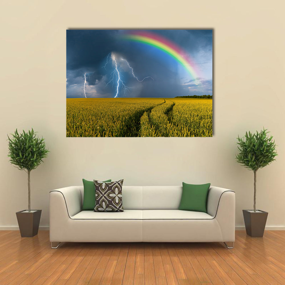 A Thunderstorm With Rainbow And Rain In A Wheat Field, Multi Panel Canvas Wall Art