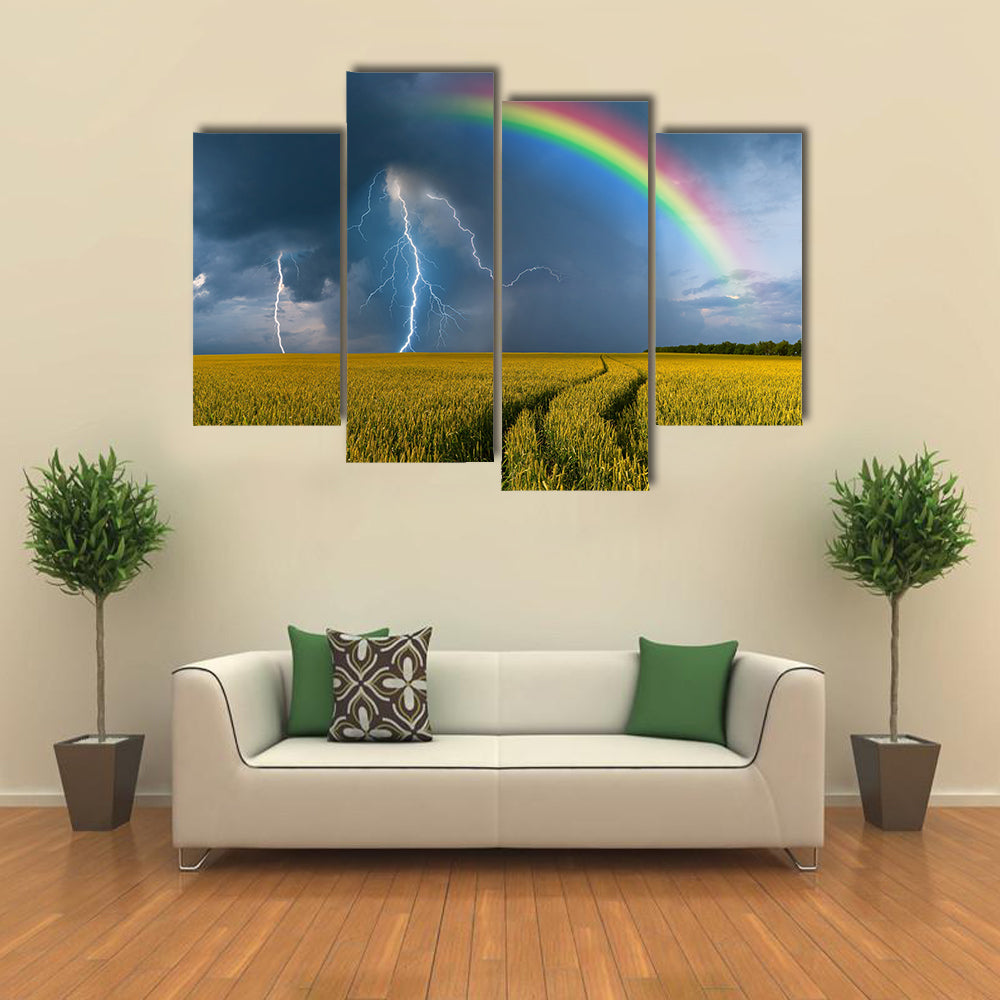 A Thunderstorm With Rainbow And Rain In A Wheat Field, Multi Panel Canvas Wall Art