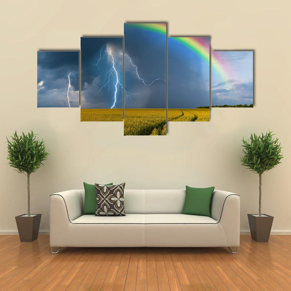 A Thunderstorm With Rainbow And Rain In A Wheat Field, Multi Panel Canvas Wall Art