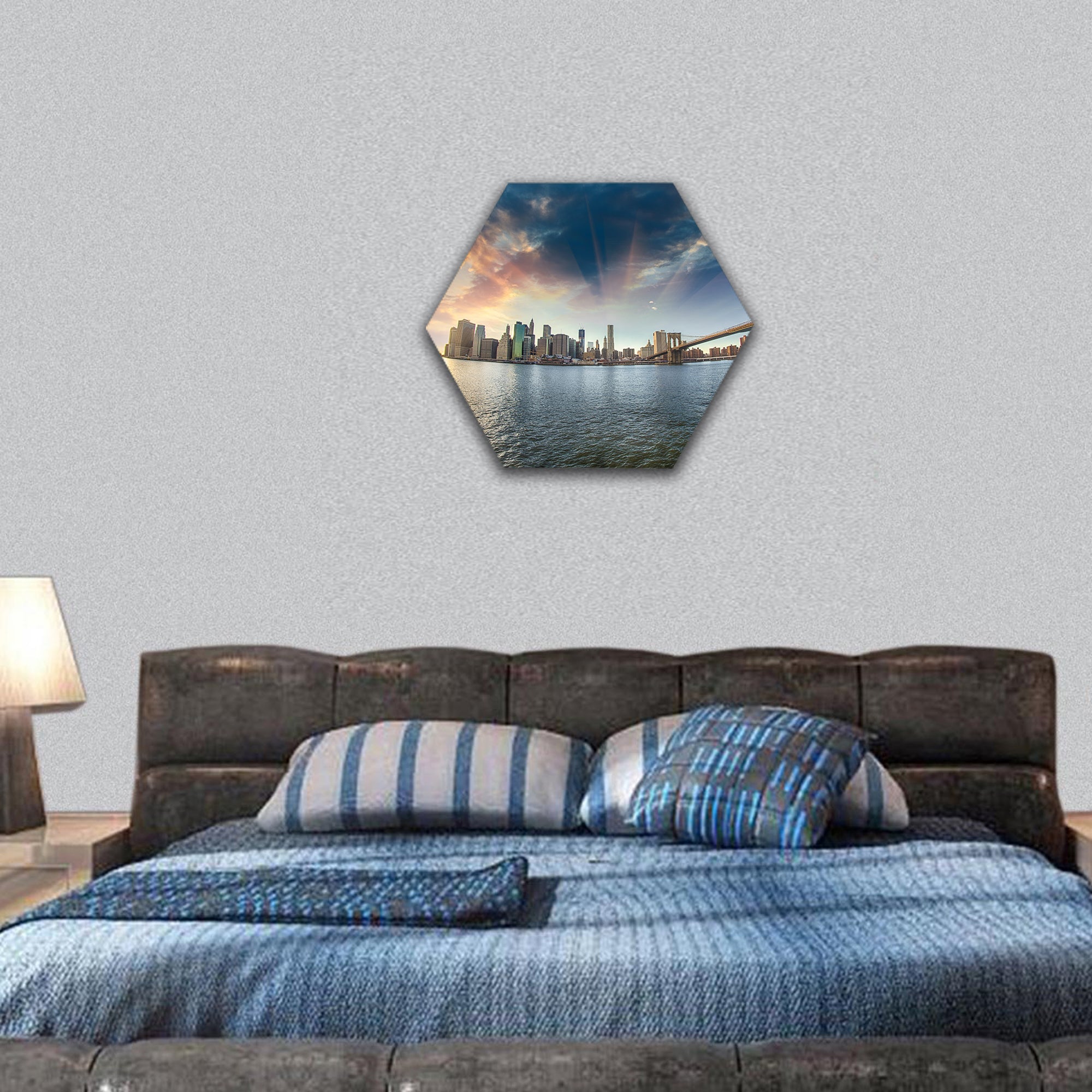 Brooklyn Bridge from Brooklyn shore at winter sunset hexagonal canvas wall art