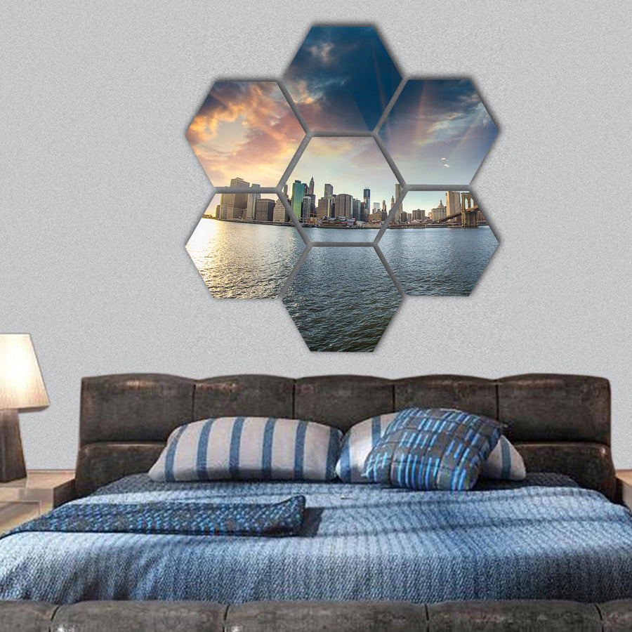 Brooklyn Bridge from Brooklyn shore at winter sunset hexagonal canvas wall art