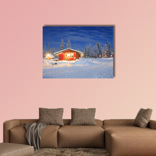 Winter landscape with cabin hut at night in Kiruna Lapland multi panel canvas wall art