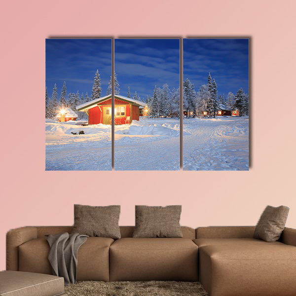 Winter landscape with cabin hut at night in Kiruna Lapland multi panel canvas wall art