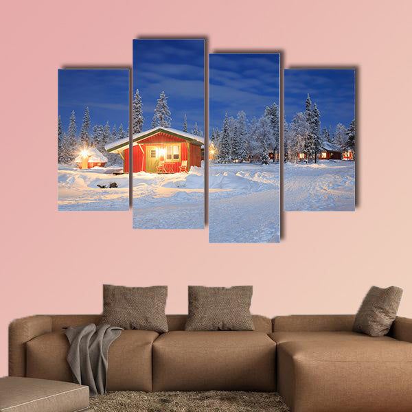 Winter landscape with cabin hut at night in Kiruna Lapland multi panel canvas wall art