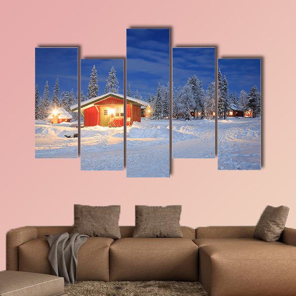 Winter landscape with cabin hut at night in Kiruna Lapland multi panel canvas wall art