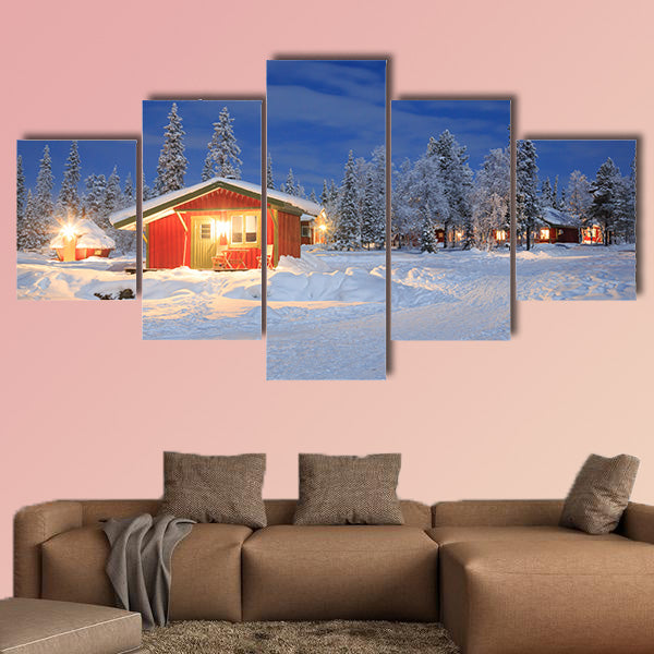 Winter landscape with cabin hut at night in Kiruna Lapland multi panel canvas wall art