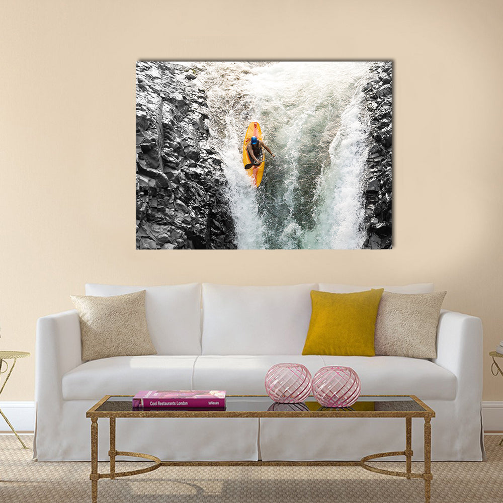 courageous kayaker in a vertical diving position Multi panel canvas wall art