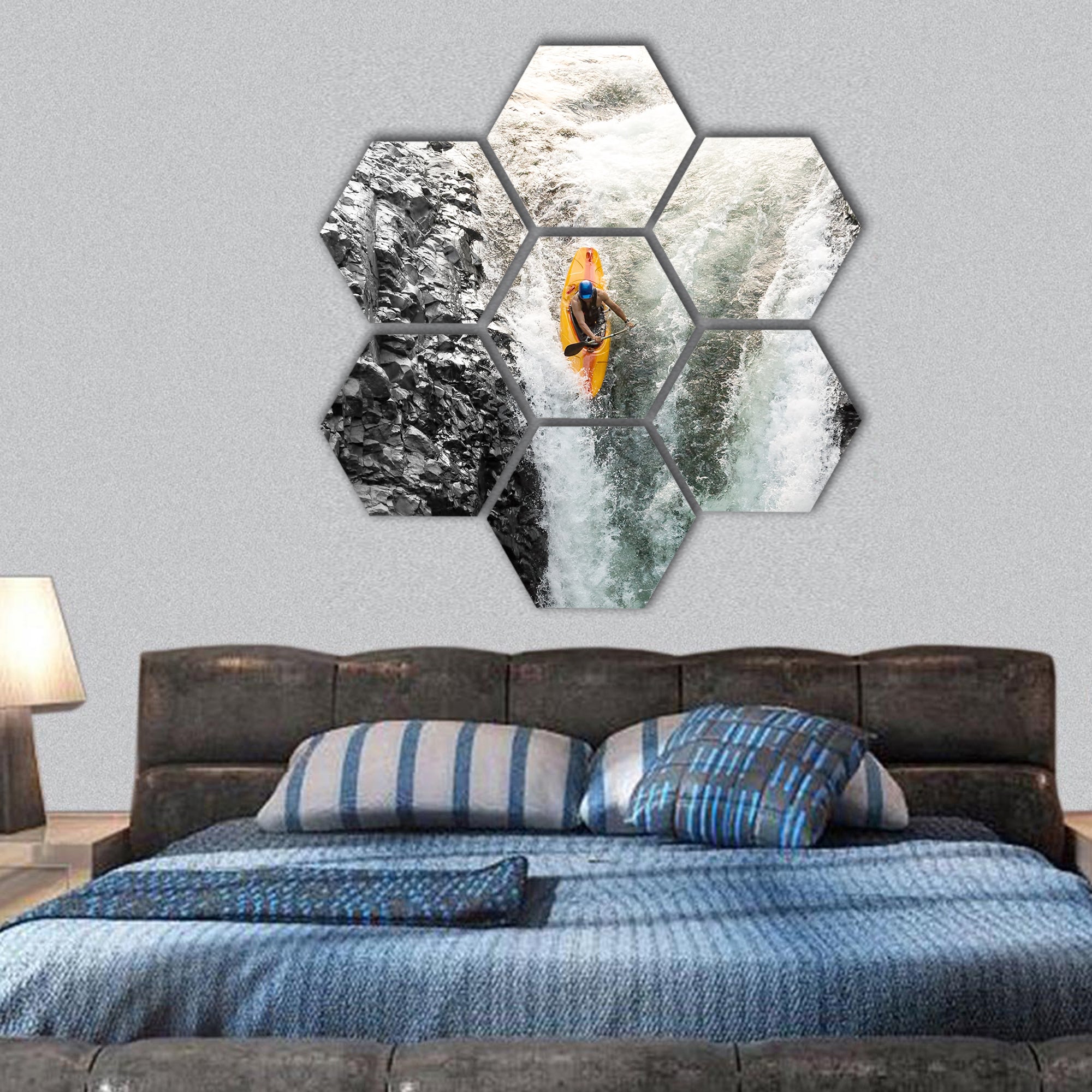 Courageous kayaker hexagonal canvas wall art