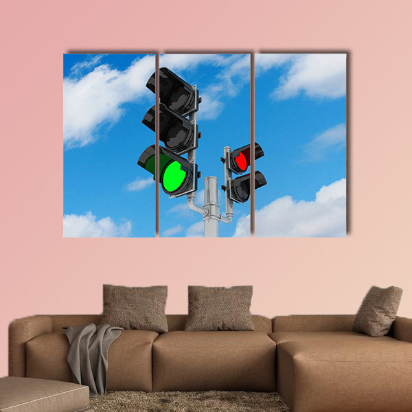 Traffic light isolated on sky background, 3D multi panel canvas wall art