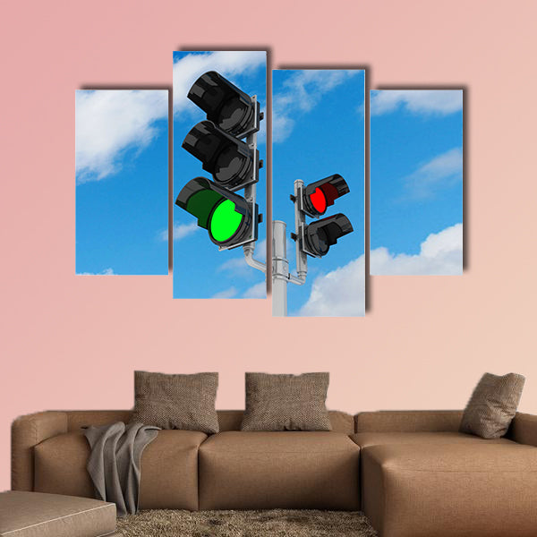 Traffic light isolated on sky background, 3D multi panel canvas wall art