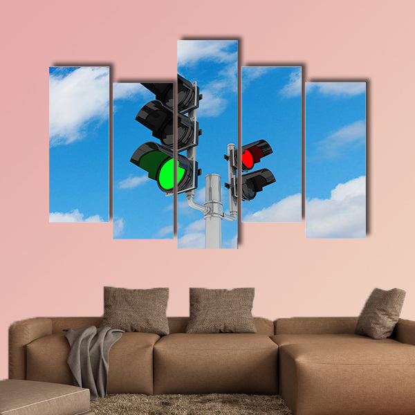 Traffic light isolated on sky background, 3D multi panel canvas wall art