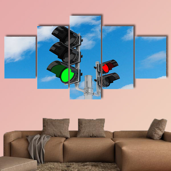 Traffic light isolated on sky background, 3D multi panel canvas wall art