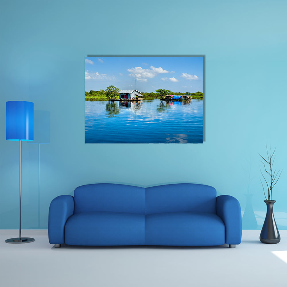 Floating House and Houseboat on the Tonle Sap Lake, multi panel canvas wall art