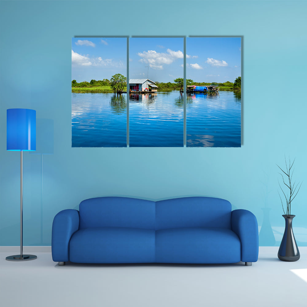 Floating House and Houseboat on the Tonle Sap Lake, multi panel canvas wall art